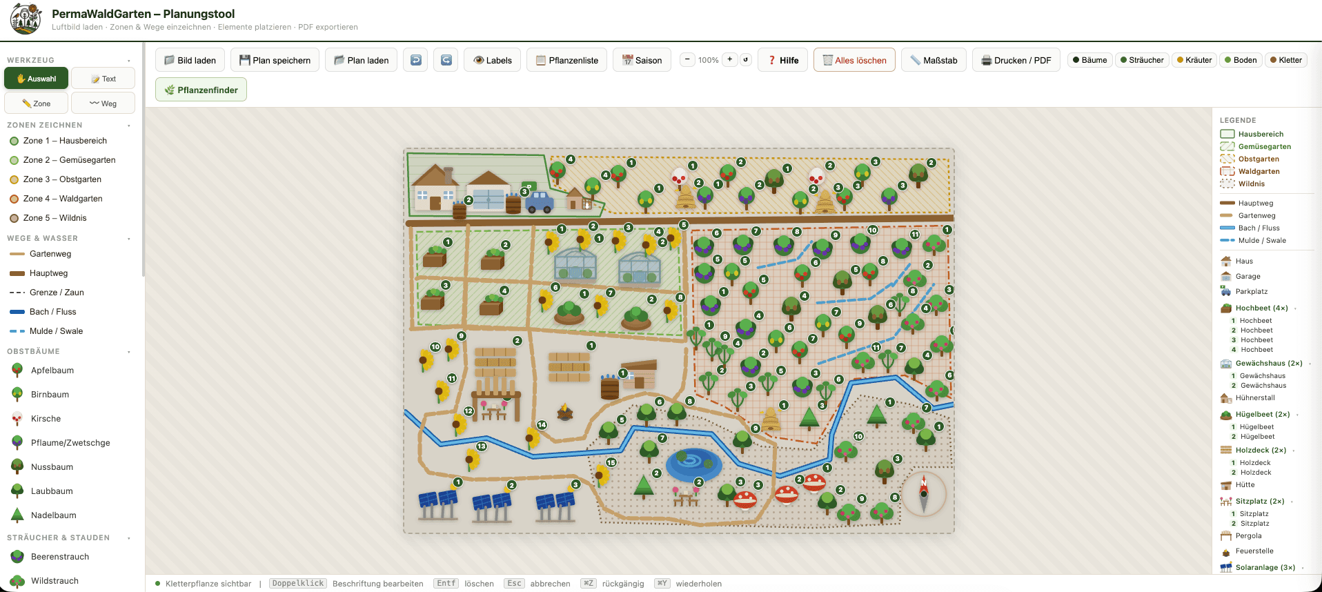 Screenshot des PermaWaldGarten-Planungstools mit eingezeichneten Zonen und Elementen