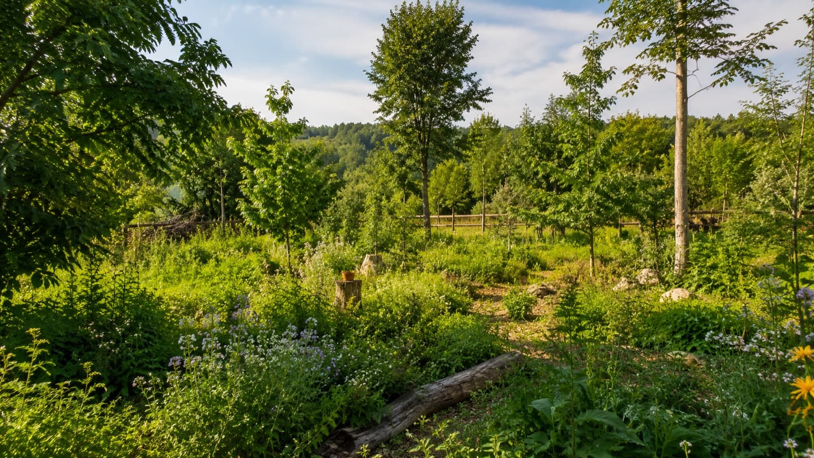 Mehrschichtig bepflanzter Waldgarten-Pfad mit Bäumen, Sträuchern und blühenden Stauden im Abendlicht
