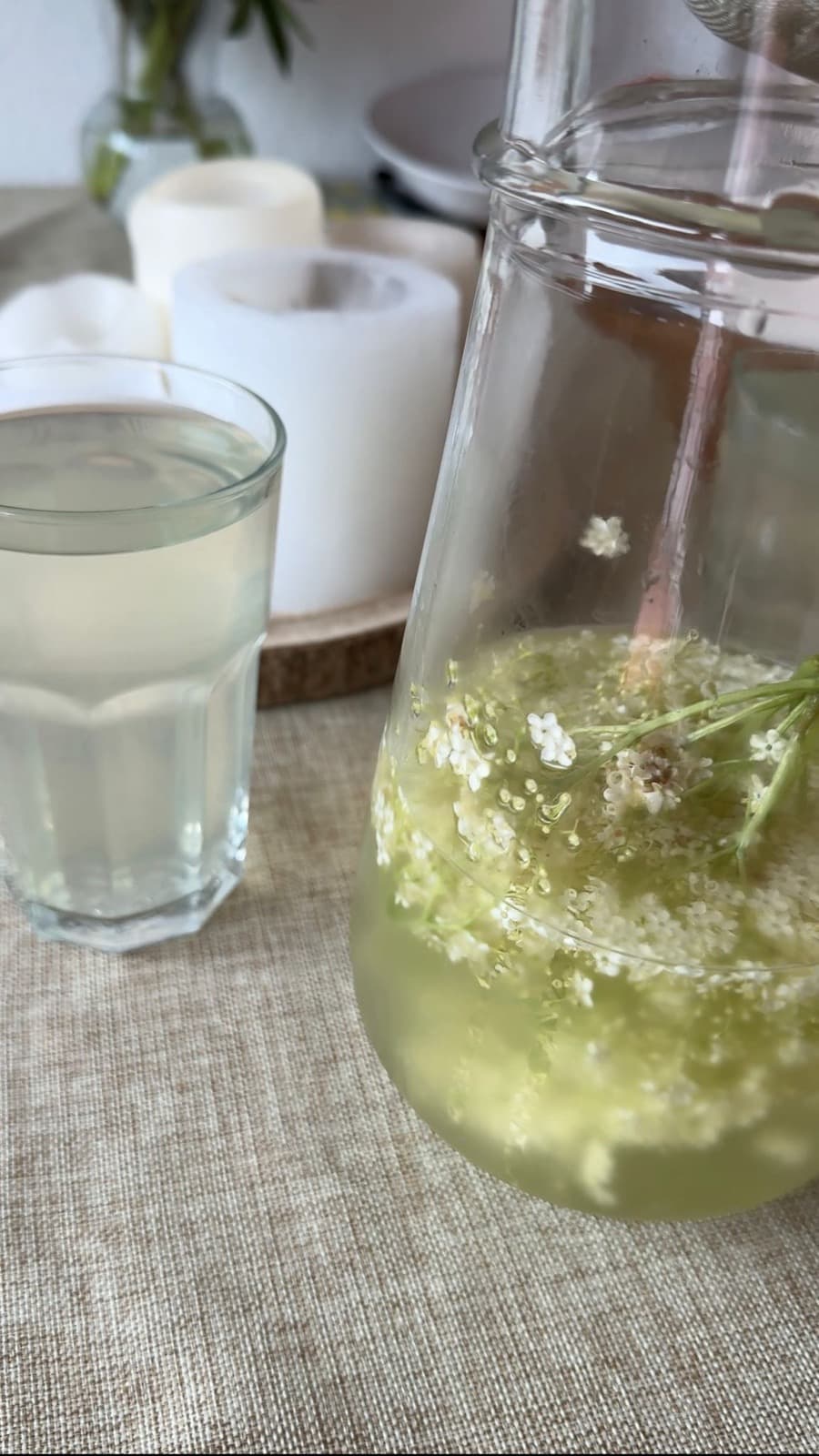 Holunderblütendolden ziehen über Nacht in einer Karaffe mit Wasser und Zitrone